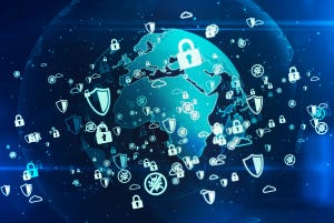Earth surrounded by padlocks and other cybersecurity symbols