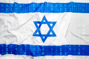 The Israel flag with binary code running over it