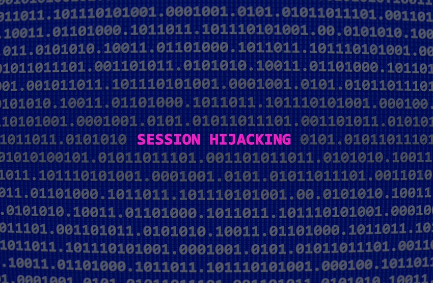 The words "SESSION HIJACKING" on a digital background