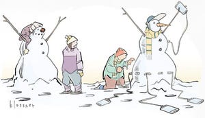 Cartoon of person building a snowman with smartphones attached to USB ports in the snowman. Any idea for a funny caption?