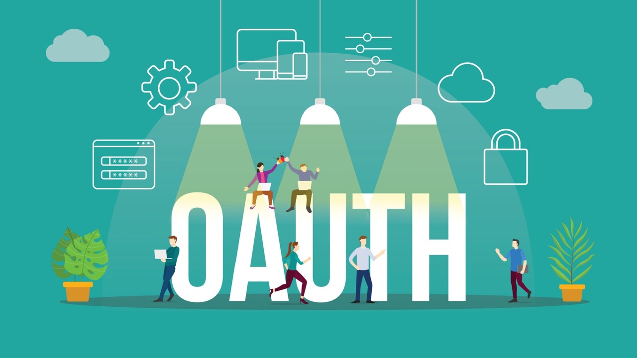 An Oauth concept image with people sitting on and walking around the word Oauth An Oauth concept image with people sitting on and walking around the word Oauth