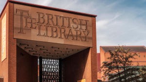 Gate to the British Library, reading: The British Library 