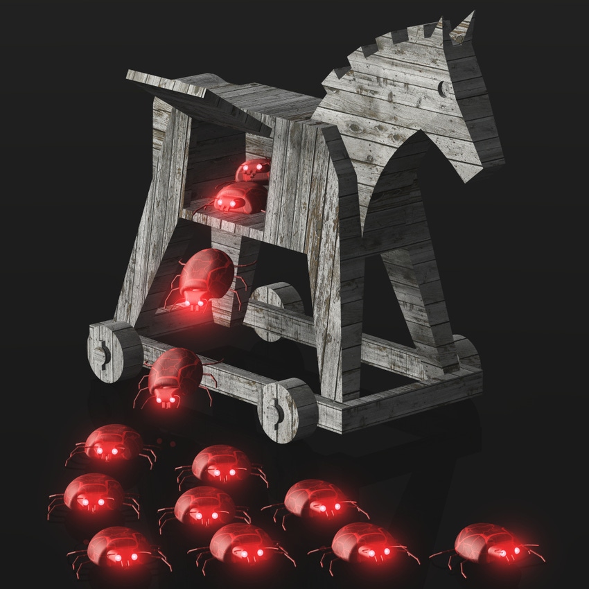 Wooden horse on wheels with little red spider-like creatures walking out of it