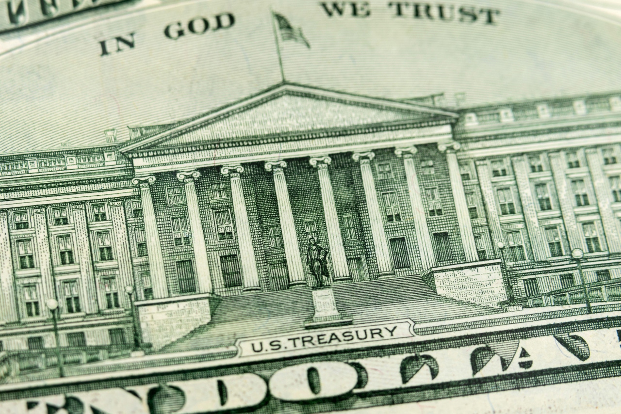 $10 bill closeup of US Treasury Building $10 bill closeup of US Treasury Building
