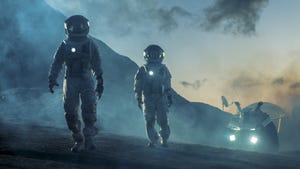 Two astronauts walking on the surface of an alien planet with rover in the background