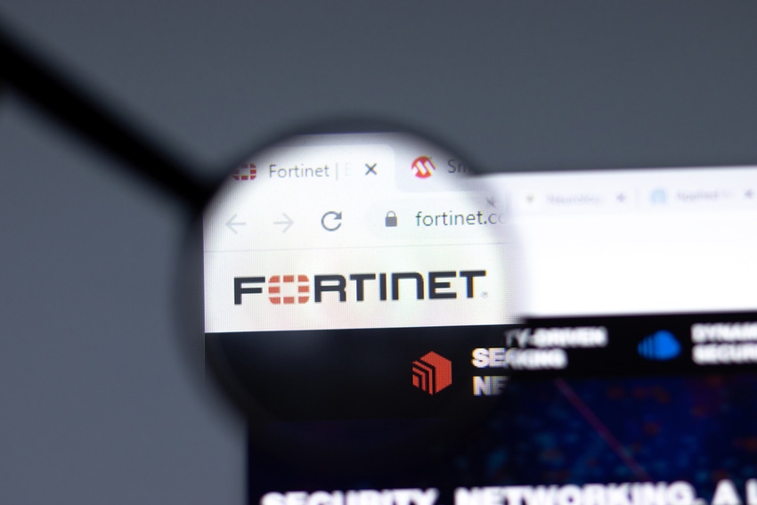 Magnified Fortinet logo on its website shown on a computer screen 