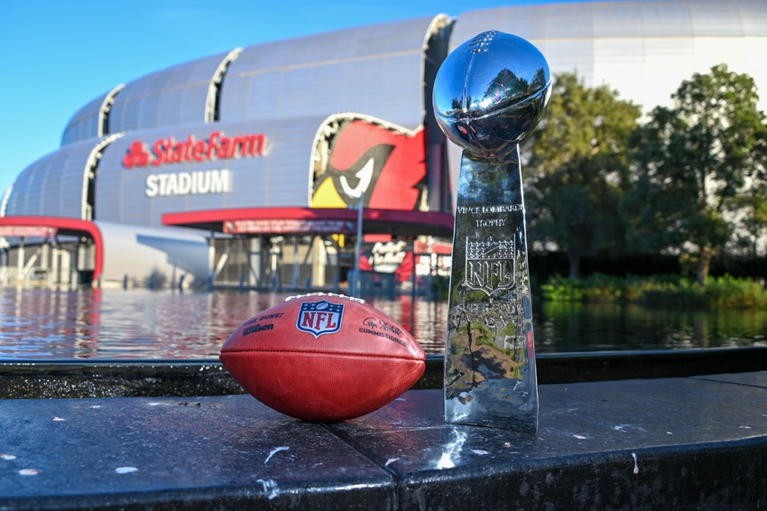 the Super Bowl Vince Lombardi Trophy and State Farm Stadium in Arizona