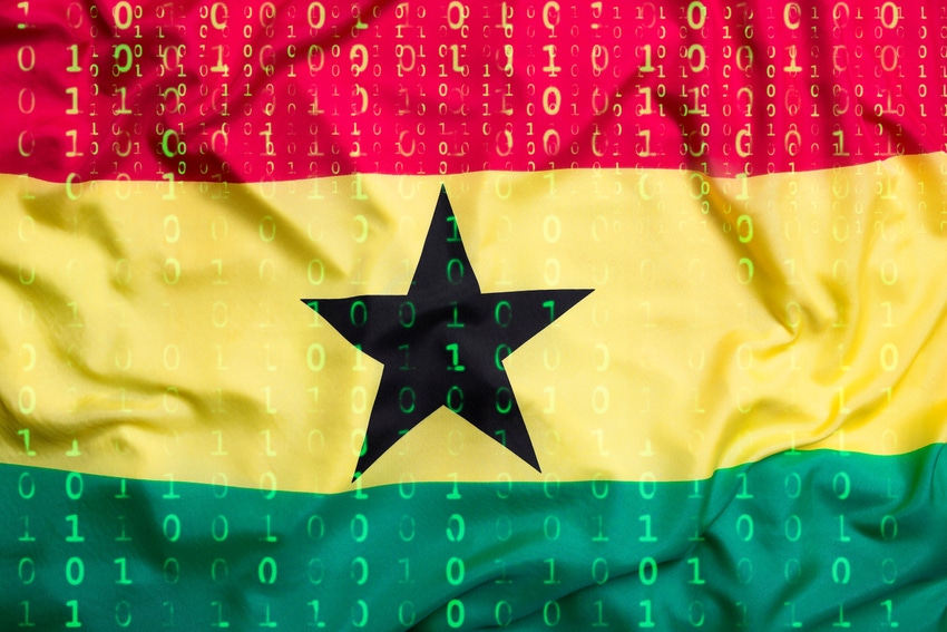 The Ghana flag with green code running over it