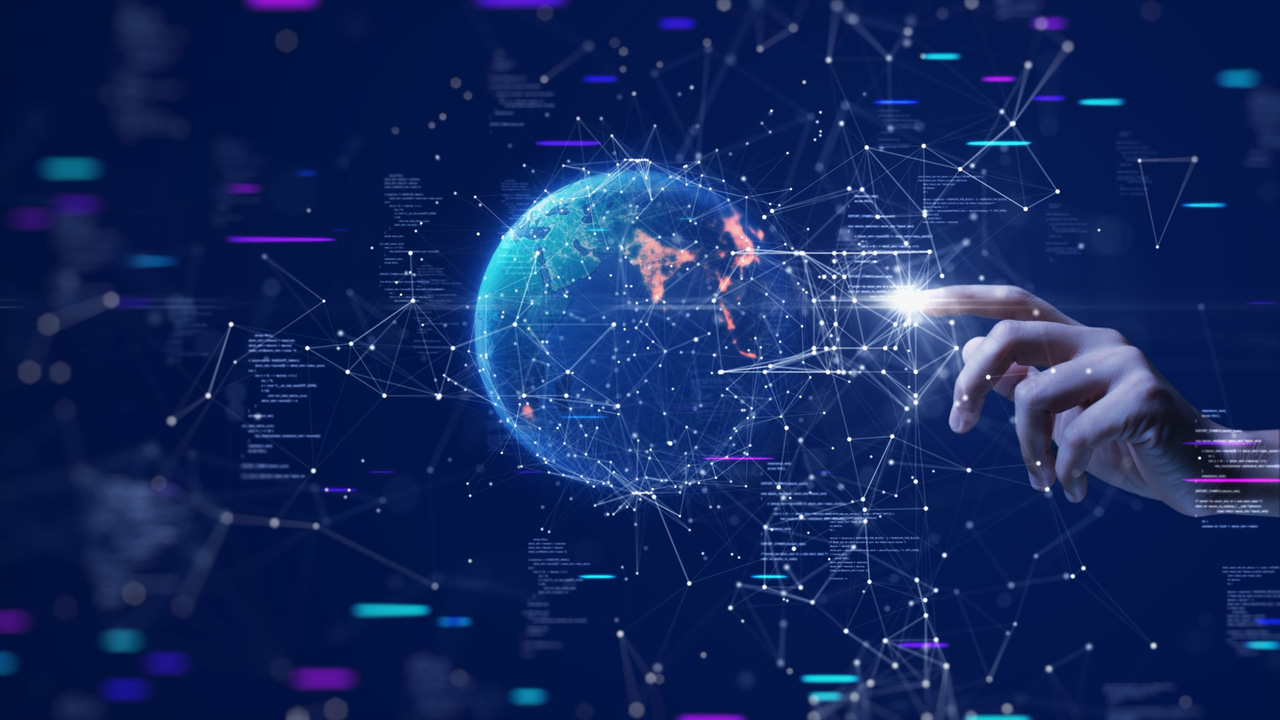 A globe overlaid with code A globe overlaid with code