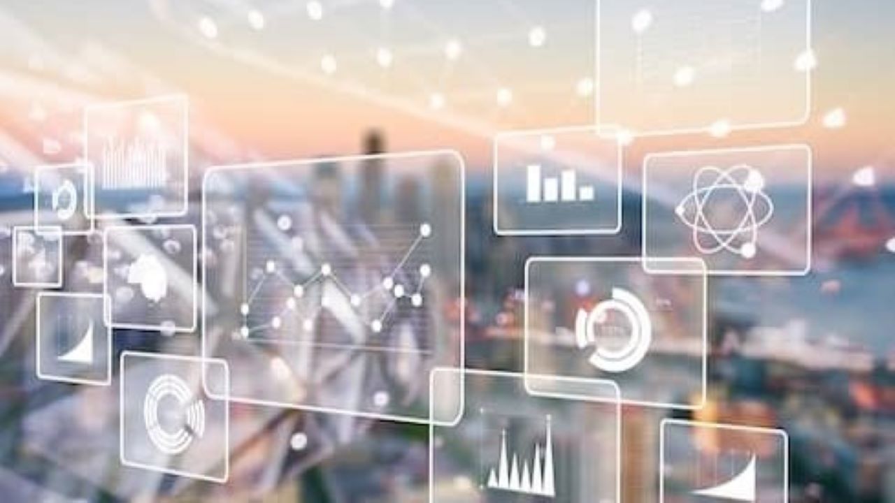 A city view with multiple screens showing data charts and measurements. A city view with multiple screens showing data charts and measurements.