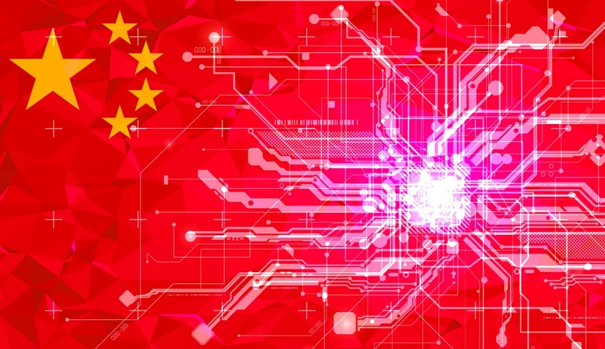 chinese flag against computer circuitry backdrop