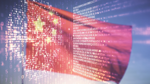 Chinese flag with lines of computer code superimposed on top 