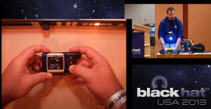 Image of Radcliffe in 2013 at Black Hat presentation, including closeup of his insulin pump device