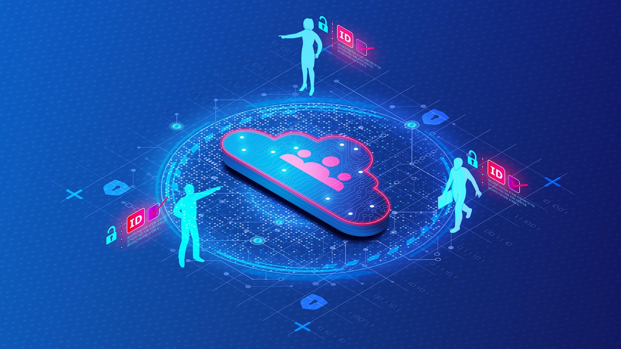 People standing around a cloud trying to get verified by their identity People standing around a cloud trying to get verified by their identity