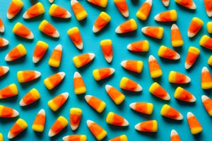 Colorful candy corn on a blue background