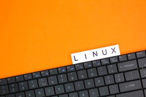 Laptop screen with the word Linux on it 