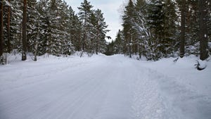 A path covered in snow surrounded by snow covered pine trees