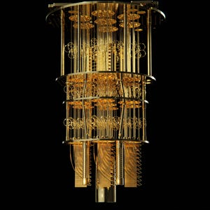 Photo of a quantum computer, which looks like a sinister golden icicle chandelier