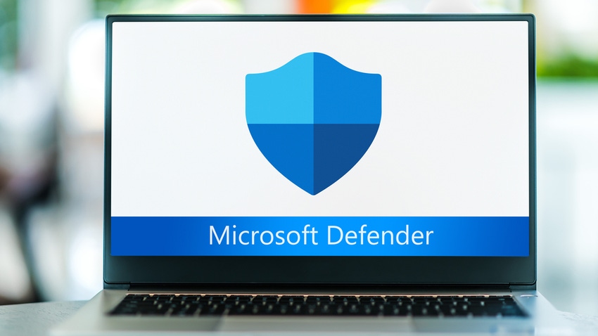 Laptop computer displaying logo of Microsoft Defender Antivirus