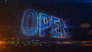 The word OPEN outlined in blue on a dark background with 1s and 0s floating behind it