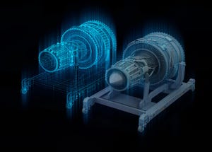 Illustration of a turbine next to its digital twin, identical except ghostly and glowing
