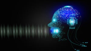 Futuristic AI speaks and imitates the human voice with open mouth emitting sound waves