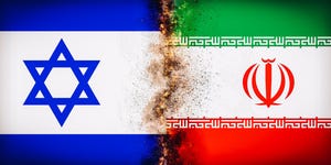 Flags of Israel and Iran Flag divided by smoke and fire