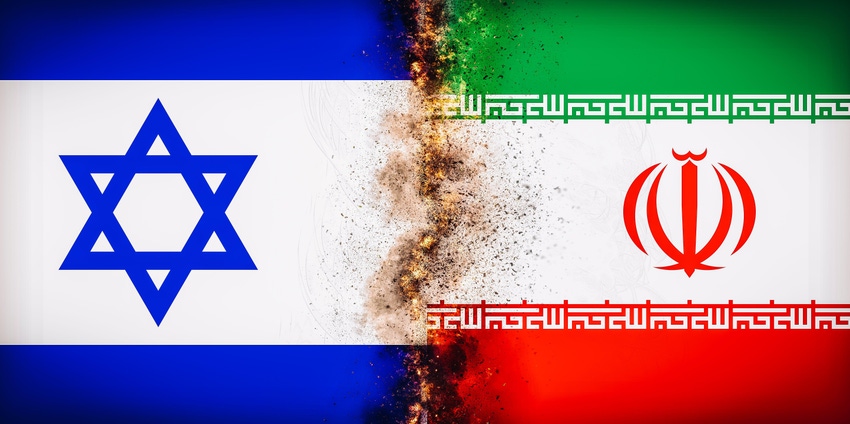 Israel and Iran flags side by side and burned down the middle where they meet
