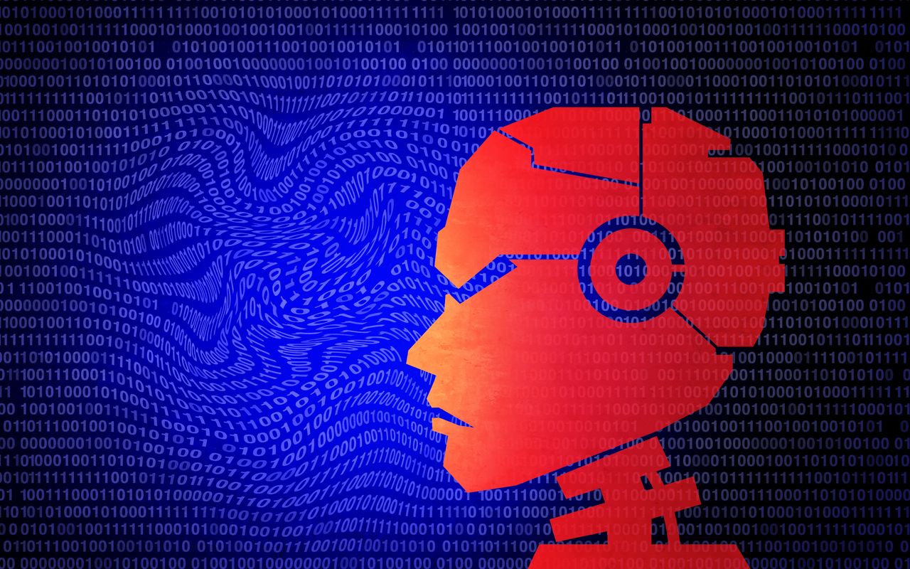 青いバイナリコードの背景に赤いロボットが描かれたコンセプトイラスト 青いバイナリコードの背景に赤いロボットが描かれたコンセプトイラスト