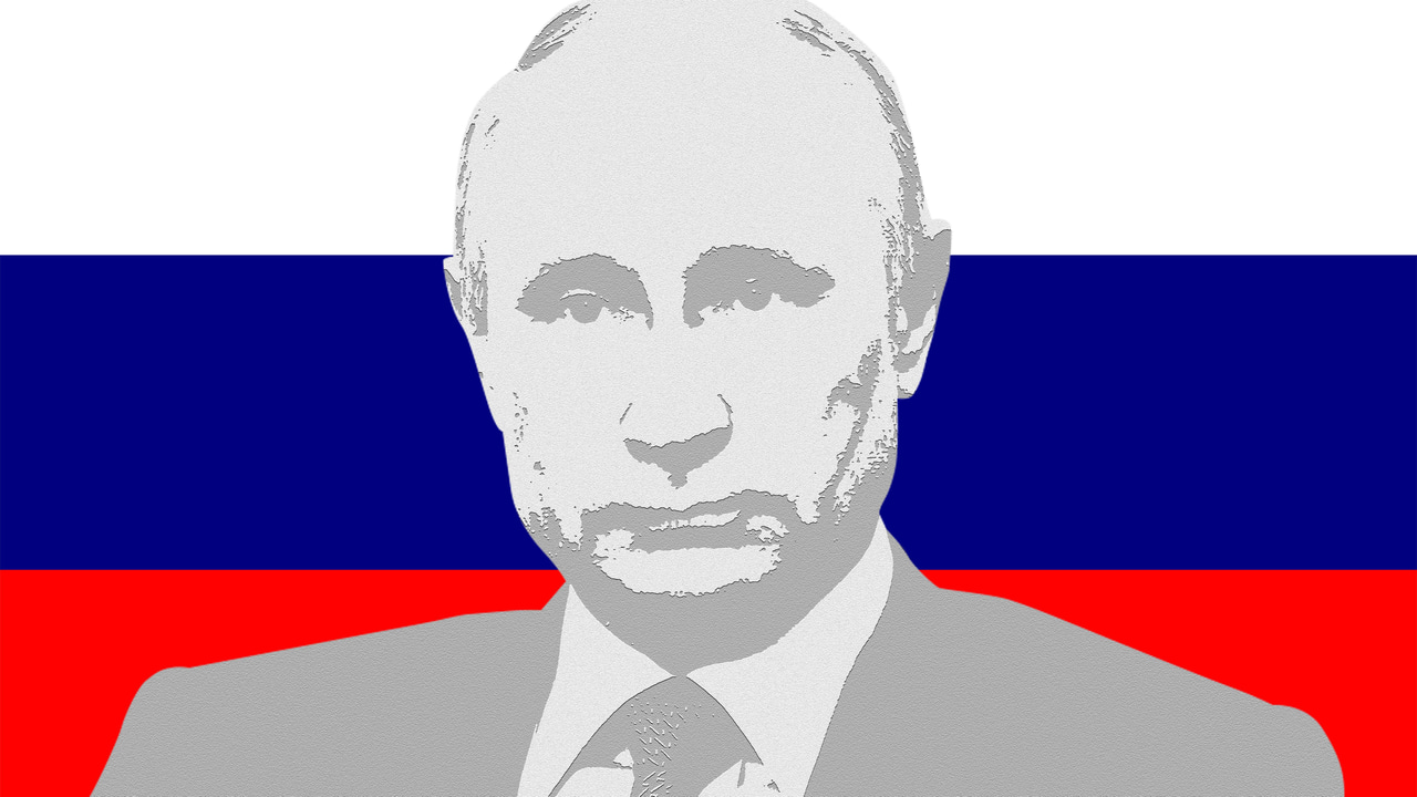 A drawing of Vladimir Putin against Russian flag backdrop A drawing of Vladimir Putin against Russian flag backdrop