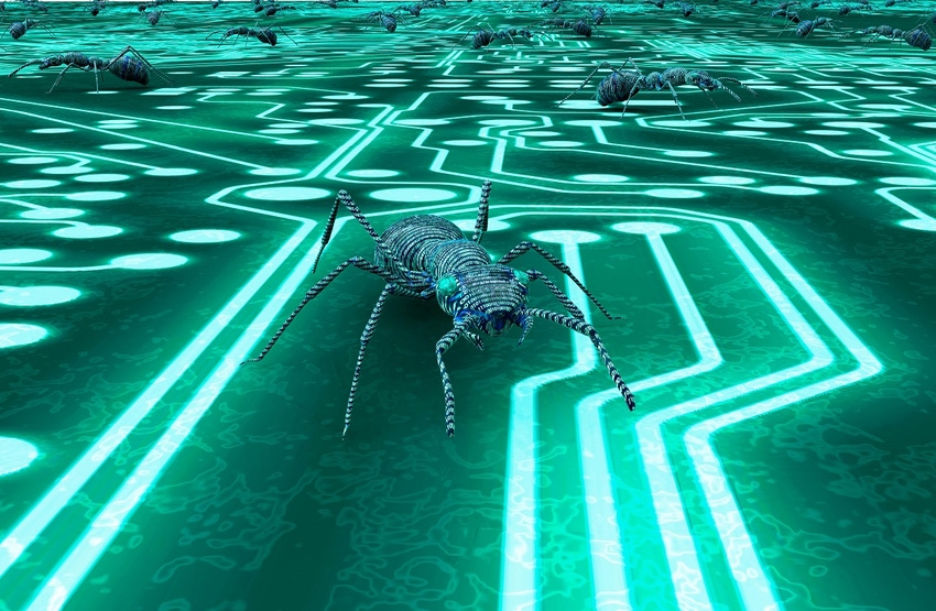 blue and green drawing of a bug against computer chip background