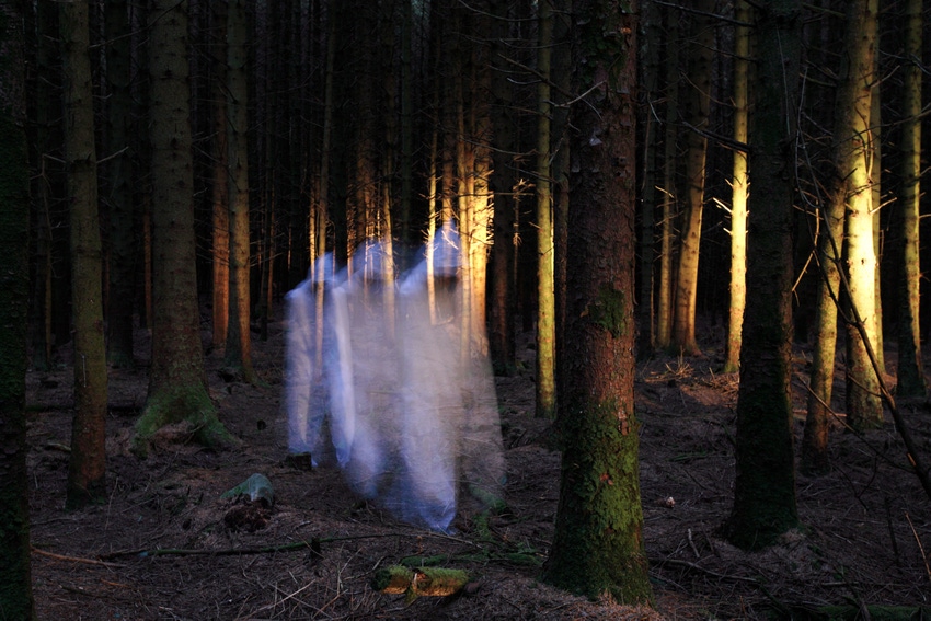 three ghostly figures walking through the woods.