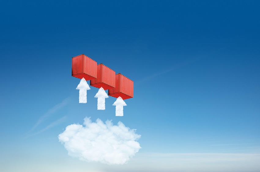 Illustration of three shipping containers floating above a cloud, with arrows pointing to each