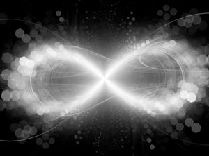 Infinity sign explosion with particles, computer generated abstract background, 3D rendering