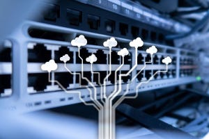 Row of cloud icons overlayed against a network switch.