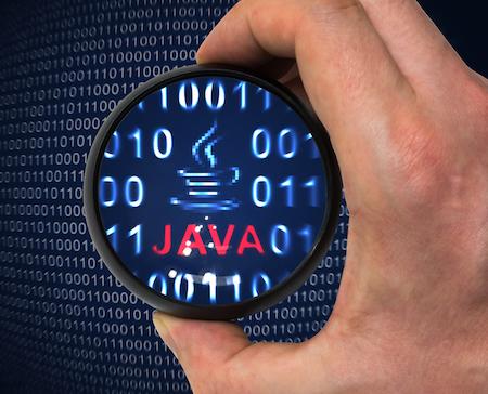 A magnifying glass expanding the code with 0 and 1 and the Java logo