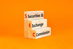 The words "Securities and Exchange Commission" on wooden blocks