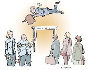 Send us a caption for an image of a businessman flying over an airport security machine while others wait in line