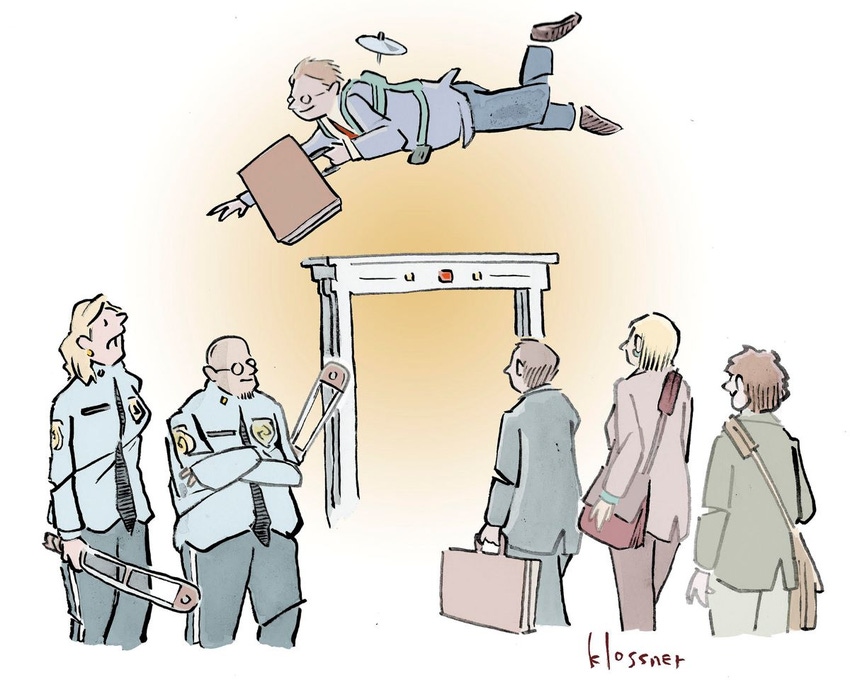 Send us a caption for an image of a businessman flying over an airport security machine while others wait in line