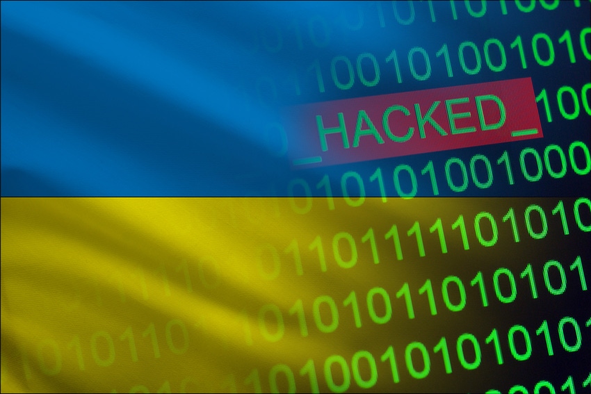 Ukrainian flag partially overlaid with 1s and 0s and the word "hacked"