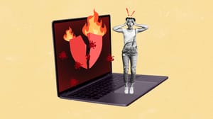 A woman, panicked, standing on an infected Macbook's keyboard A woman, panicked, standing on an infected Macbook's keyboard