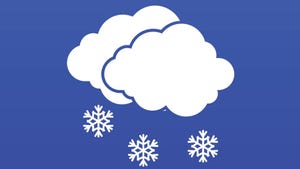 Image of white snowflakes falling from two clouds set against a sky blue background