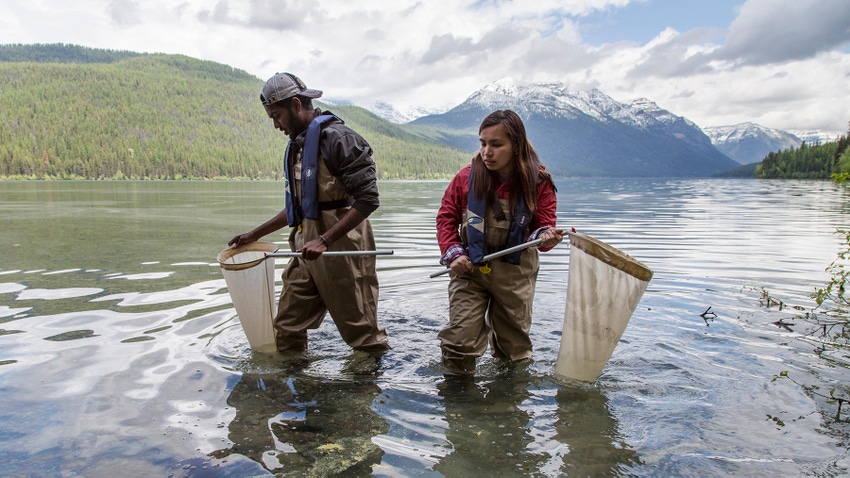 Two volunteers with hip waders and collection nets at Bowman Lake, Glacier National Park, May 26, 2016, for BioBlitz collection event.
