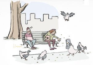 Cartoon caption contest: Man and woman sitting on bench, woman is feeding a pigeon that is taking a photo of her on phone