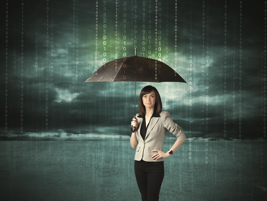Woman with umbrella in data rain storm 