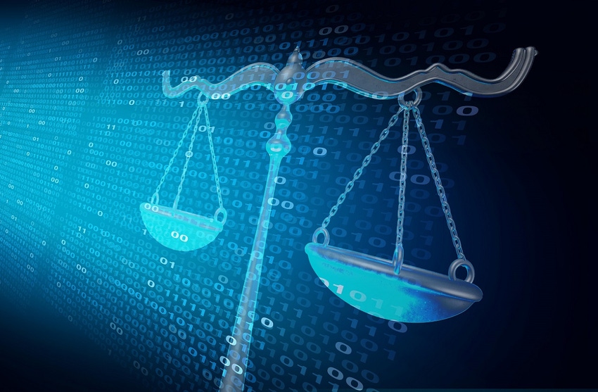 A scale, indicating legal matters, on a digital background