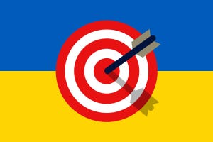 An arrow hitting the bull's eye of a target on top of a Ukrainian flag.