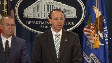 Deputy Attorney General Rod Rosenstein at a news conference earlier this month\r\n(Source: Justice Department)\r\n