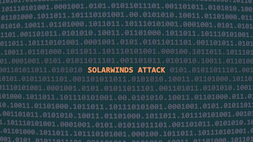 Binary code surrounding text that reads SolarWinds attack