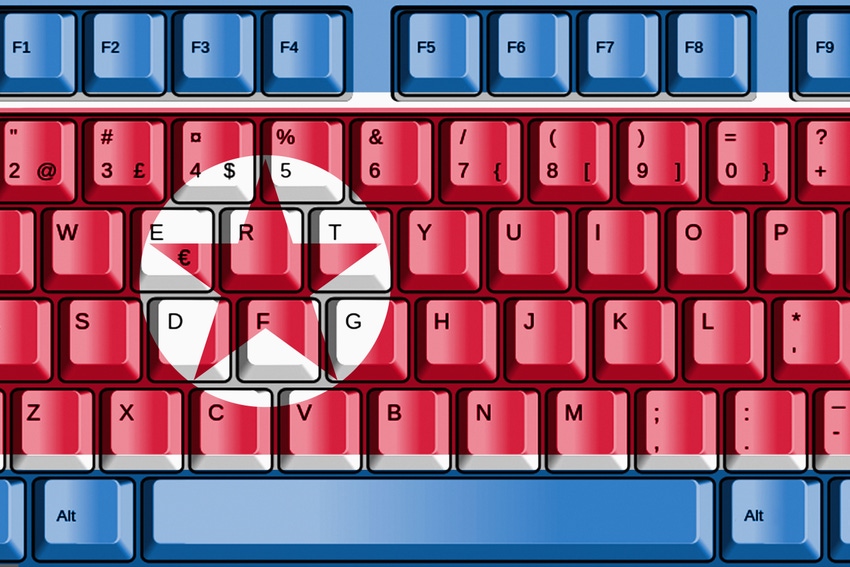 Keyboard with a red-and-white North Korean flag drawn out by the various character keys